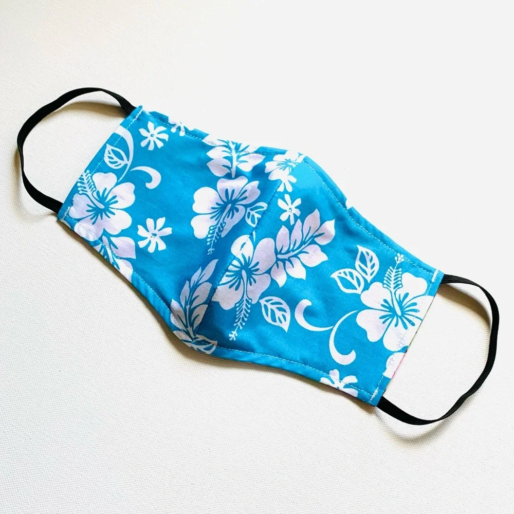 NEW Handmade Hawaiian Hibiscus Print Face Mask in Blue